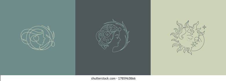 Logotipo de imagen vectorial para empresas en el sector de la belleza, la salud, la atención personal. Hermosa imagen de la cara de una mujer. Imagen lineal estilizada del sol y la luna. Logo del salón de belleza