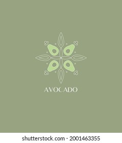 Imagen vectorial. Logo para negocios en la industria de la belleza, la salud, el cuidado personal, maquillador, masaje. Ornamento lineal estilizado - aguacate. Natural y orgánica. Alimentos saludables y cosméticos naturales