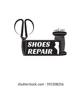 vector image of logo of shoe repair services. Trendy concept for workshop repair or restoration of leather goods