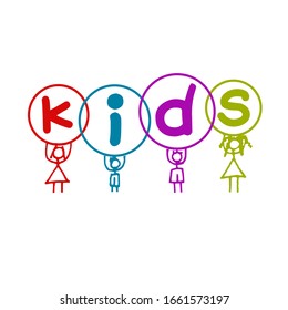 Vector image, logo of the word kids. Each letter is placed in multi-colored circles on a white background that children hold above their heads. Children's store, toys, children's area, kindergarten.