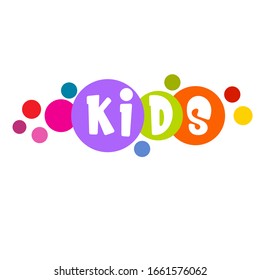 Vector image, logo of the word kids. Each letter is placed in multi-colored circles on a white background. Children's clothing store, toys store, children's area, kindergarten, school, kids zone.