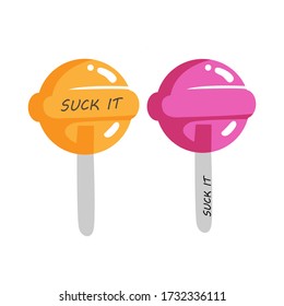 Vector-Bild eines Lollipop auf einem weißen Hintergrund. Rosa und orangefarbene Candy mit Geschmack von Erdbeere, Himbeere und Orange. Sweetie saugt es. Tumblr-Stil. Bild auf einer isolierten Ebene. Stickers