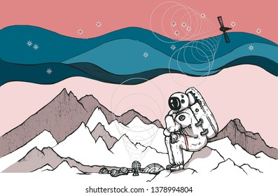 Vector image of lonely astronauts in planet mars sitting on icing rock.