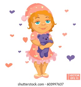 Vector image. Lovely sleepy baby with a blue bear