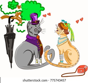 Vector image "Lovers cat and cat in hats", for Valentine's day design