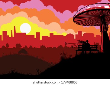 Vector image with lovers under the mushroom.