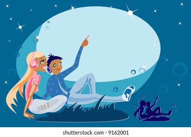 vector image of loving couple in the night