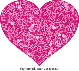 Vector image of loving decorative heart with drawn flowers and bees 