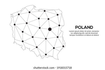  Vector image of a low poly global map with city lights. Map in the form of lines and dots. Poland communication network map.