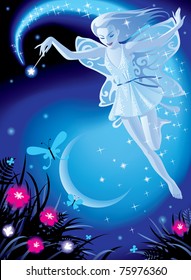 Vector image of luminous fairy girl on a blue night background with the moon and pink flowers