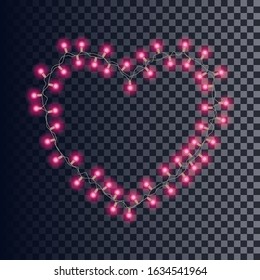 Vector image of a luminous garland with red light bulbs in the shape of a heart on a transparent background. EPS10.