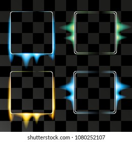 Vector image. The luster contours of the frame are luminous thawing and draining, the modern lighting frame design neon beams for decoration.  Realistic illustration isolated on transparent background