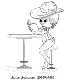 Imagen vectorial de Madame en un sombrero y bikini en la mesa. Lectura de libros. EPS 10. Aislado sobre un fondo blanco. Estilo de esquema.