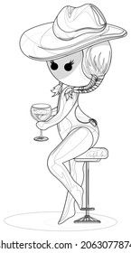 Vector image of Madame in a hat and bikini at the table with a glass of wine. EPS 10. Isolated on a white background. Outline style.