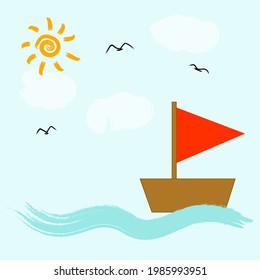 vector image made for children, background with simple image of the sea, boat with red flag, water waves, birds, and sun.
