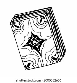 Vector image of a magic book with a painted cover and a spider web. Doodle. Black outline. Hand-drawn. Design of posters, postcards, invitations for holidays, decor.
