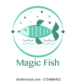 Vector image of a magic fish in a circle. The illustration symbolizes magic, fairy tale, wonderland. Logo of a kids club, playground, development center, channel.