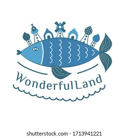 Vector image of a magic fish with a city and houses on the back. The illustration symbolizes magic, fairy tale, wonderland. Logo of a kids club, playground, development center, channel.