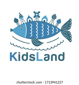 Vector image of a magic fish with a city and houses on the back. The illustration symbolizes magic, fairy tale, wonderland. Logo of a kids club, playground, development center, channel.