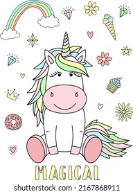 Vector image of a magic horse with balloons and the inscription Born to be a unicorn. Concept of holiday, baby shower, birthday, party, prints, textures.