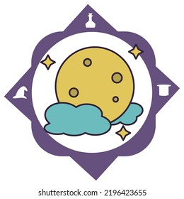 Vektorbild, Zaubersymbole mit weißem Hintergrund und violettem Rand.