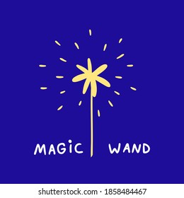 vector image of magic wand. poster, placard or element for postcard. yellow magic wand on a blue background.