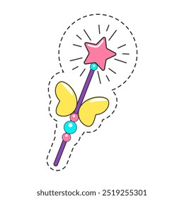 Vector image of a magical wand with a pink star and yellow wings, designed as a sticker.