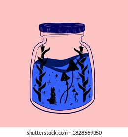vector image of a magical world with a rabbit in a closed jar