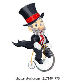 Vector image of a magician on a bicycle. Concept. Cartoon style. EPS 10