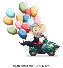 Vector image of a magician on a motorcycle with a bunch of balloons. Concept. Cartoon style. EPS 10