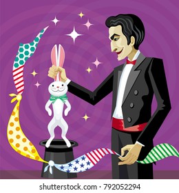 Vector image of a magician pulling a white rabbit out of the hat