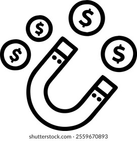 Vector image of a magnet attracting coins symbolizing attracting investment. concept as A simple vector illustration of a magnet pulling in coins representing the attraction of investments or capital;