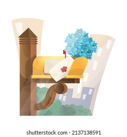 Vector image mailbox on background city houses. Envelopes with love letters, a paraffin seal, bouquet flowers are depicted. Concept Valentine s Day, declarations of love, congratulations.