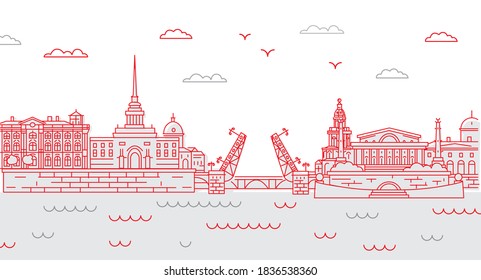 Vektorbild der wichtigsten Sehenswürdigkeiten von St. Petersburg Der Winterpalast, die Hermitage, die Spit von Wasilievsky Island, die Admiralität, die Zugbrücke. Ufer des Flusses Neva.