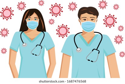 Vector image of a male and female doctor wearing a face mask surrounded by viruses - protection and risk of infection from coronavirus