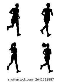 Vector image of male and female marathon runners. Silhouettes on white background