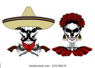 Vector image of a male and female mexican skull. Color image of a male skull in a hat and a female in a wreath of roses.