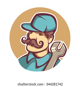 Vector image of a male mechanic cartoon emblem