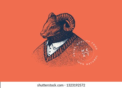 Vector image of a male ram in a white shirt and sweater in the technique of engraving on a red background. Template for logo, emblem in retro style for butcher shop. Premium quality meat products.