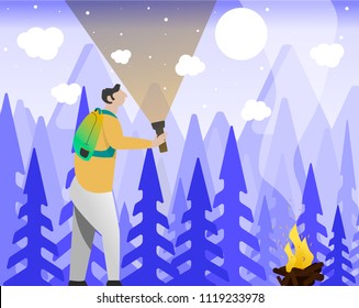 Vector image of a man with a backpack and a flashlight in the night forest.