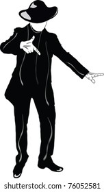 vector image of a man in black, which points a finger at somewhere toward