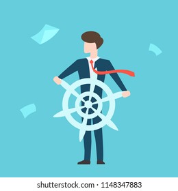  Vector image of a man in a business suit with a steering wheel in his hands. Management. Control. Business.
