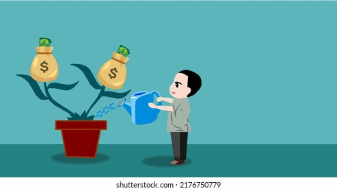 vector image of a man cartoon character watering a money plant.