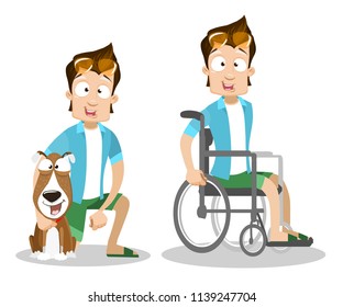 Vector image of man with dog and male in wheelchair. Happy stylish human with sunglasses squats and hugs fun puppy. Young man setting in with aching legs. Colorful illustration on white background