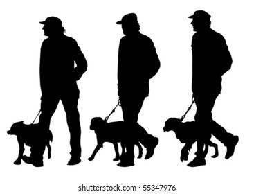 Vector image of man with a dog on a leash