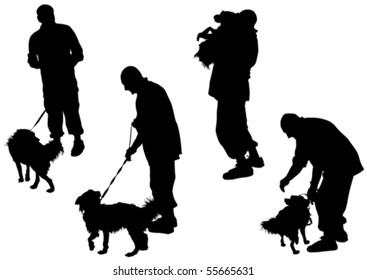 Vector image of man with a dog on a leash