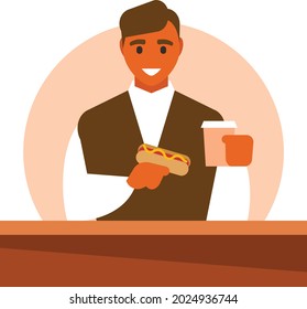 Vector image of a man eating a hot dog.

