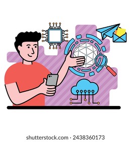 imagen vectorial con el hombre explora el mundo de las tecnologías digitales y las comunicaciones