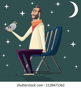 Vector image of a man in glasses sitting on a chair, with a dove in his hands