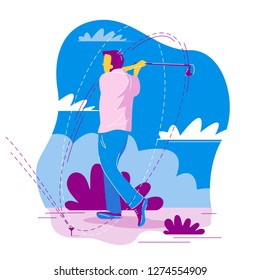 vector image of a man with a Golf club, kick the ball, Golf game, trajectory